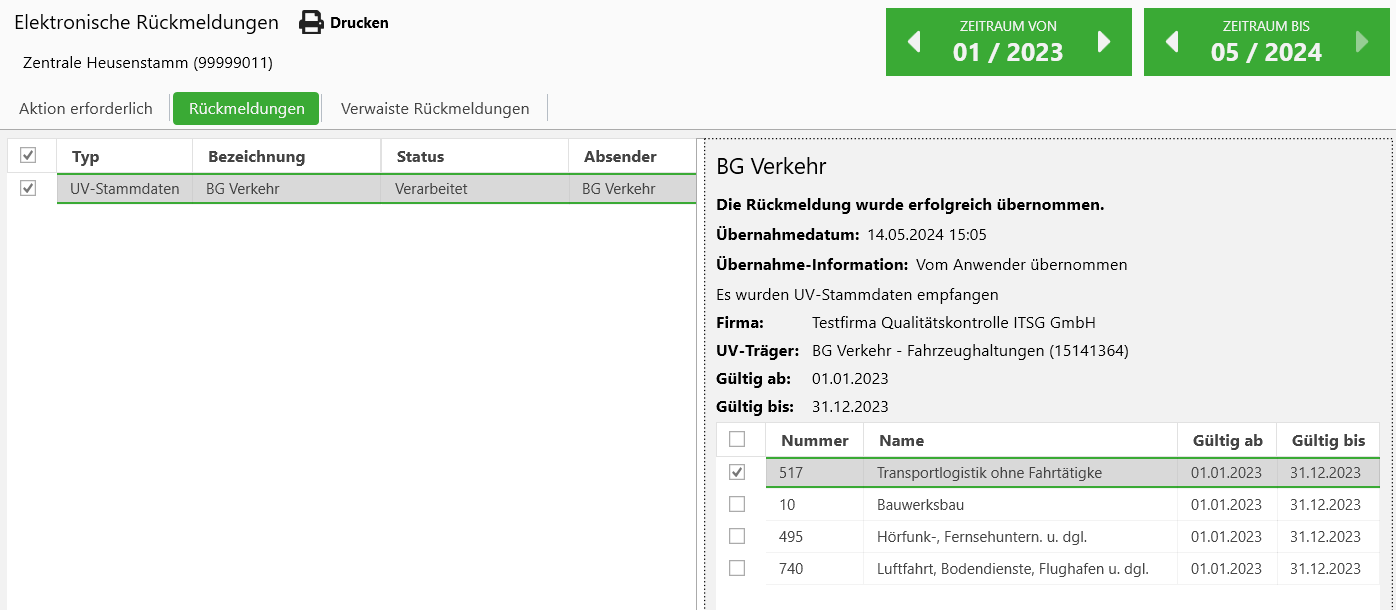 Übernommene Rückmeldung
