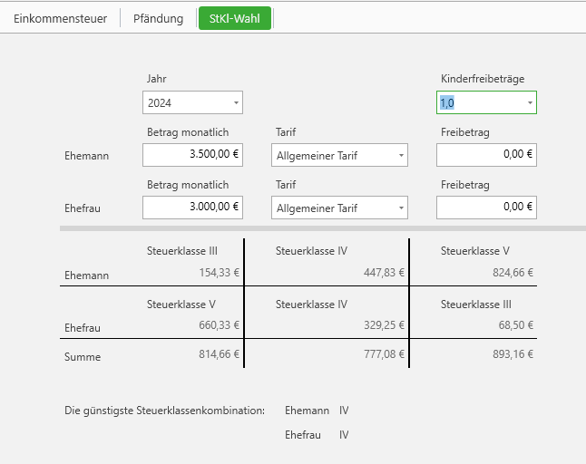 Dialog Steuerklassenwahl