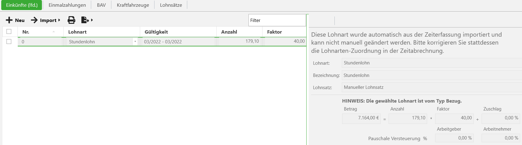 Automatisch importierte Einkunft
