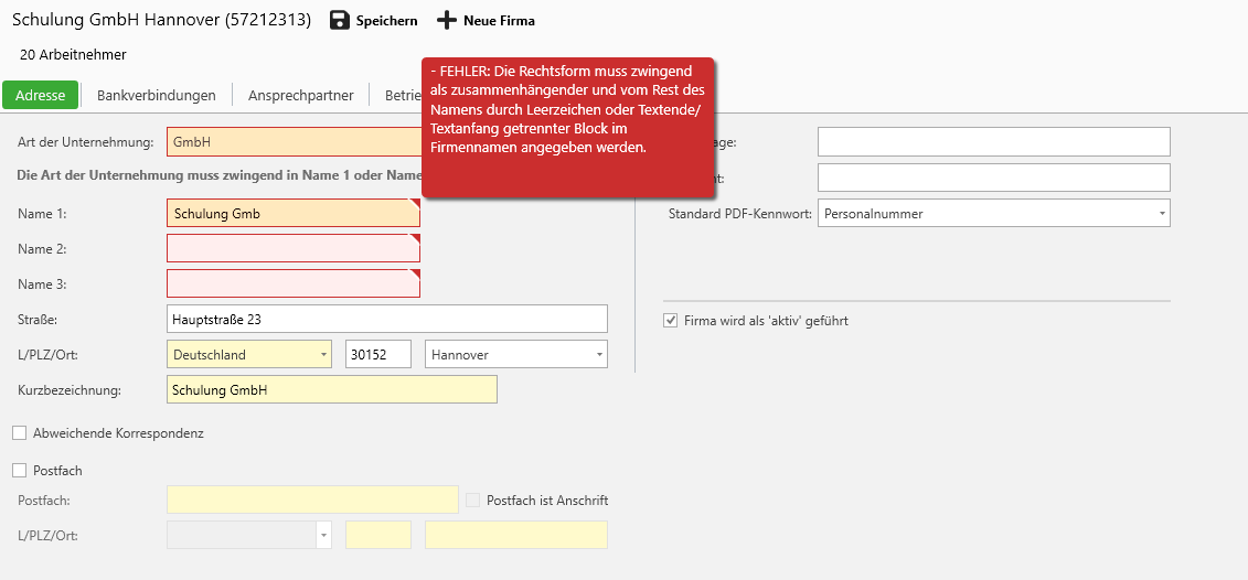 Fehlerhafter Firmenname
