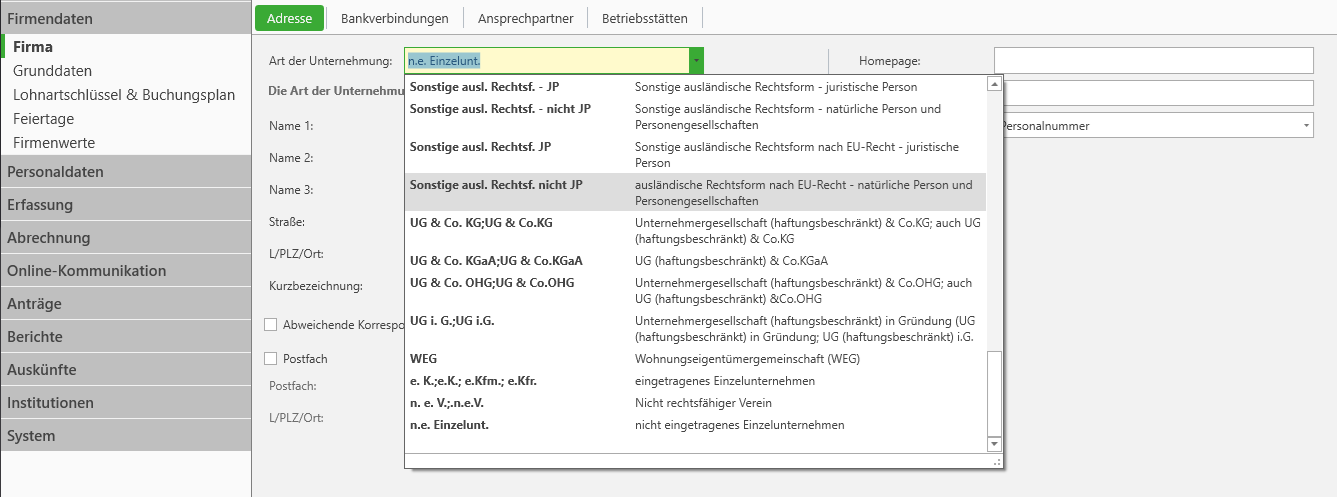 Art der Unternehmung Auswahlliste