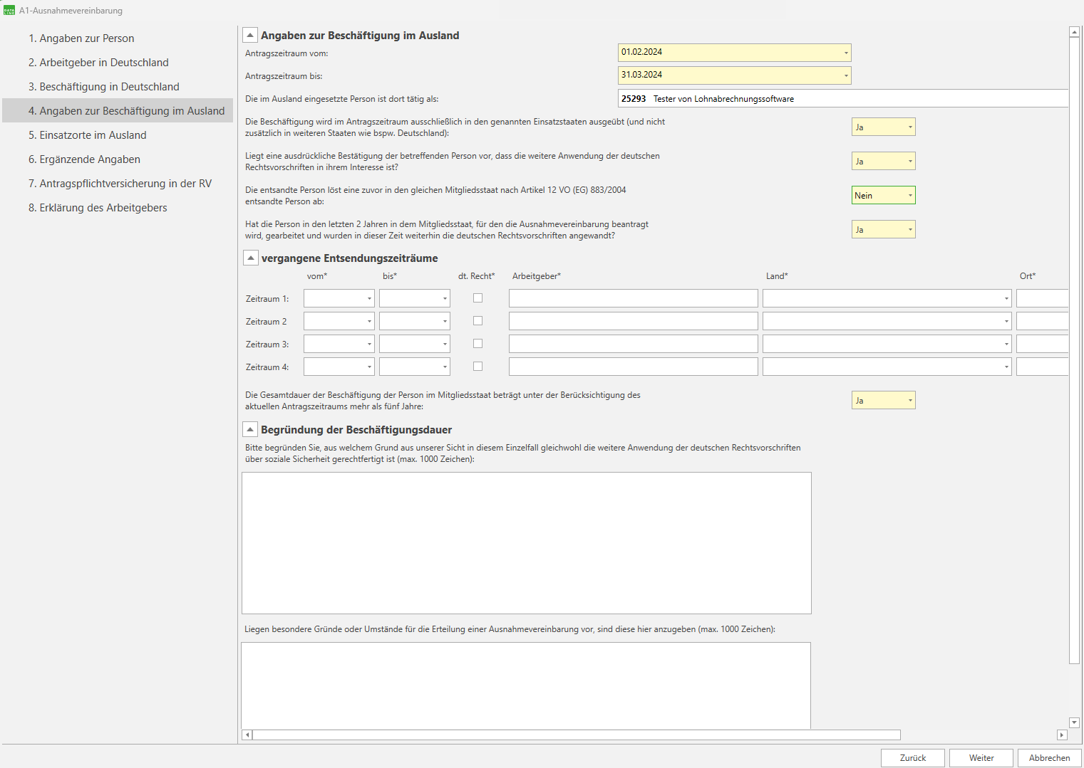 Angaben zur Beschäftigung im Ausland