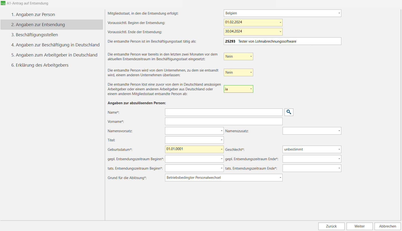 Angaben zur Entsendung