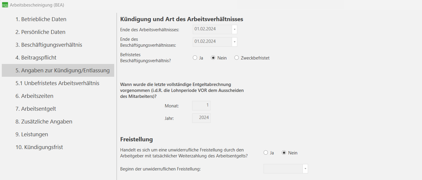 Angaben zur Kündigung/Entlassung