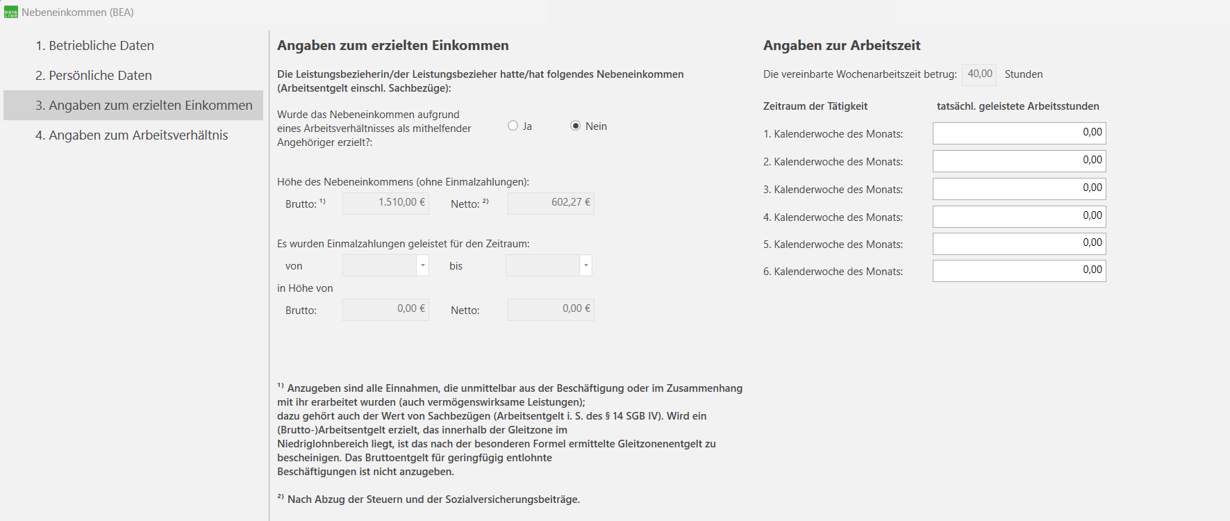 Angaben zum erzielten Einkommen